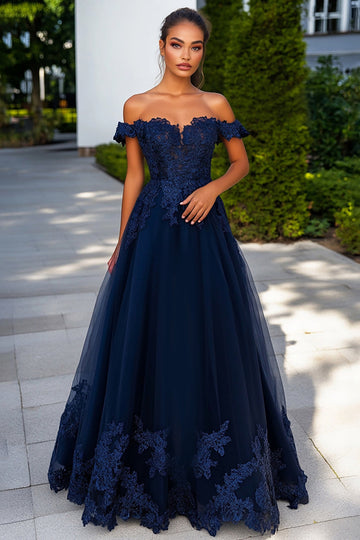 Navy Tyll Off the Shoulder A-linje lang ballkjole med applikasjoner